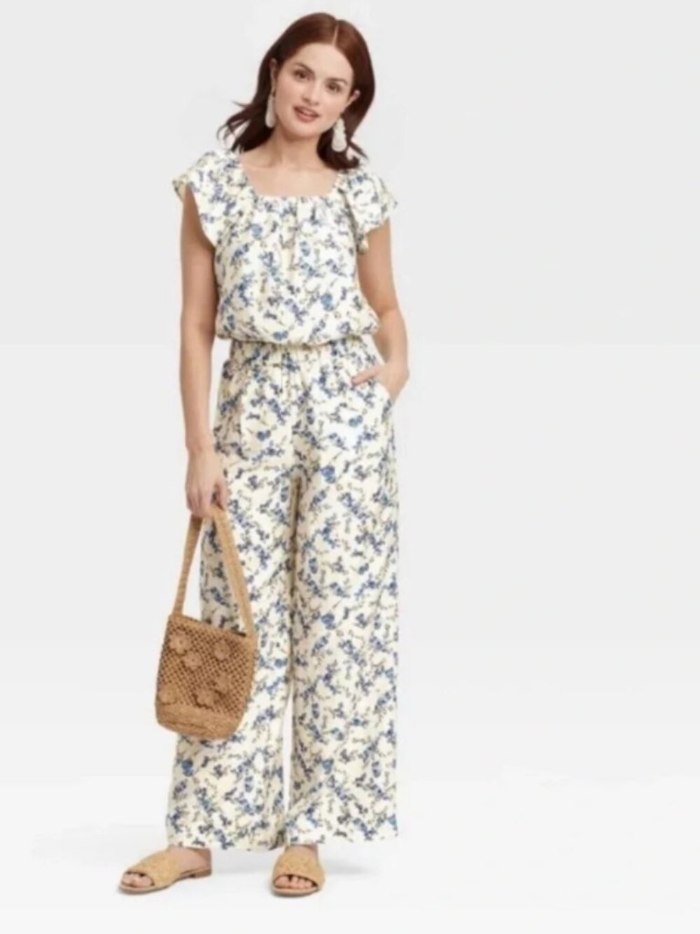 a new day Matching Set: Cream & Blue Floral Flutter Top & Wide Leg Pants - S